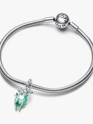 Honor of Kings deer sterling silver dangle with royal green, fern green crystal and glow in the dark green enamel